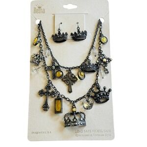 BLV Victorian Style matching Set Necklace Earrings Cross Crown charm silver NWT